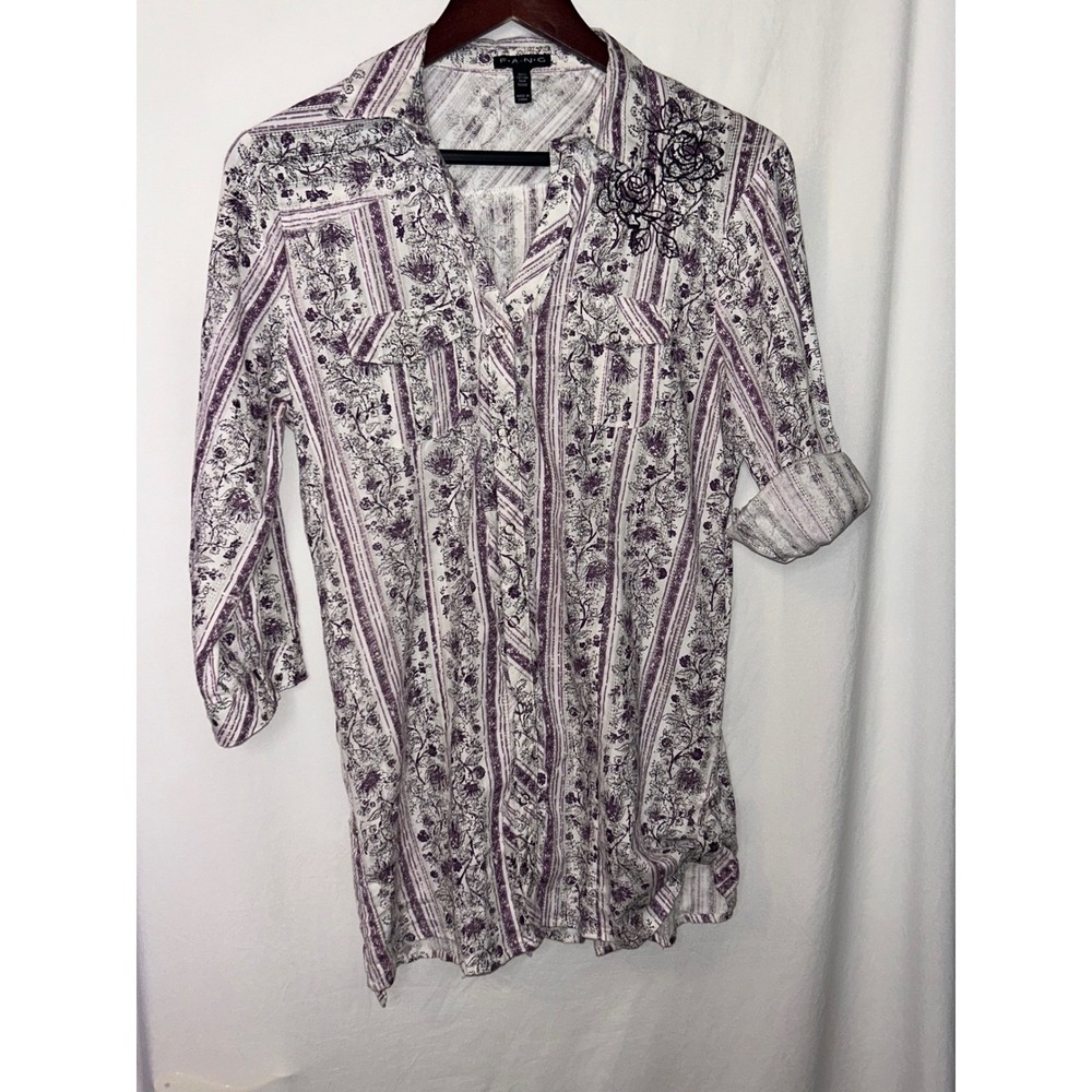 F.A.N.G. Purple Floral Embroidered Shirt Womens Size‎ L Button Down Roll Tab
